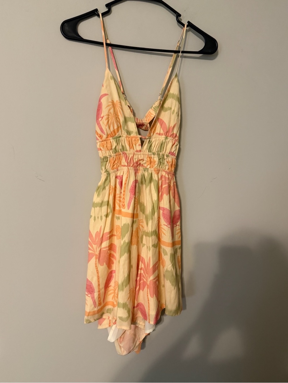 Tropical Print Spaghetti Strap Romper in Pastel Peach & Sage